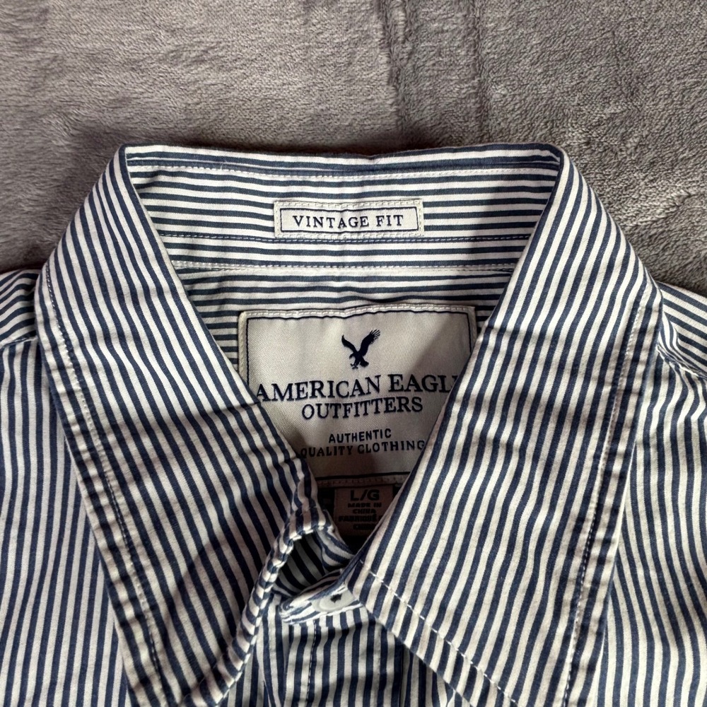 American Eagle Shirt Men Large Blue Striped Palm Tree Graphic Vintage Fit Cotton - Picture 10 of 11